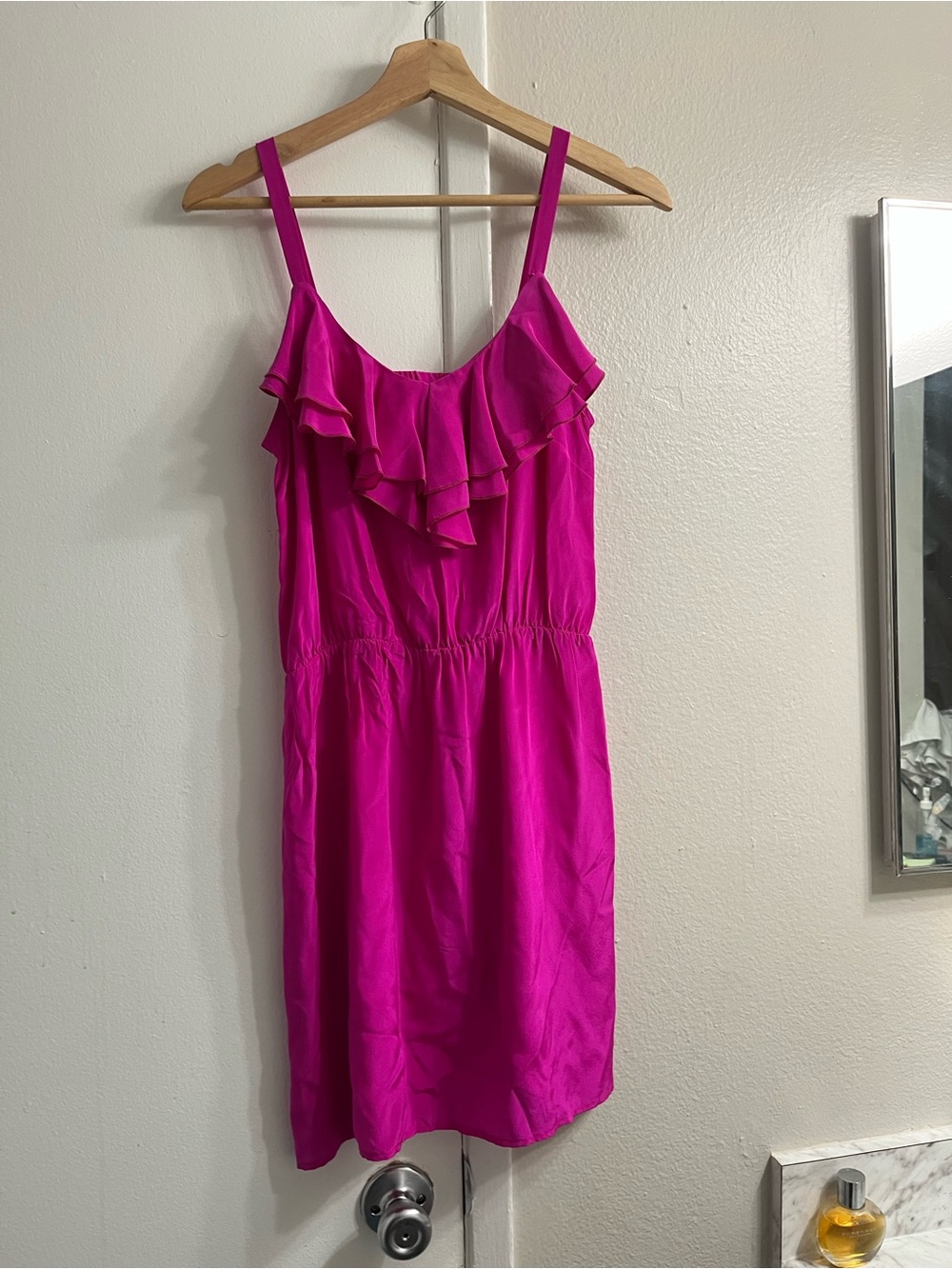 Sleeveless Ruffle Neck Sundress in Fuchsia 100% silk